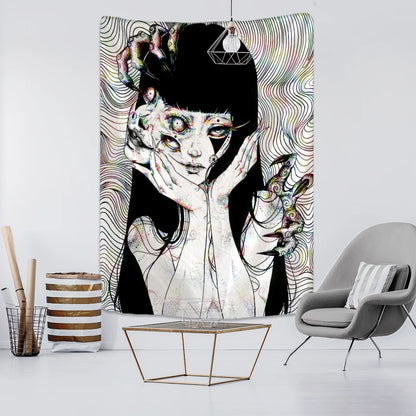 Japanese Horror Anime Wall Hanging Tapestry Mysterious Tapiz Cartoon Horror Illustration Kawaii Art Room Home Decor