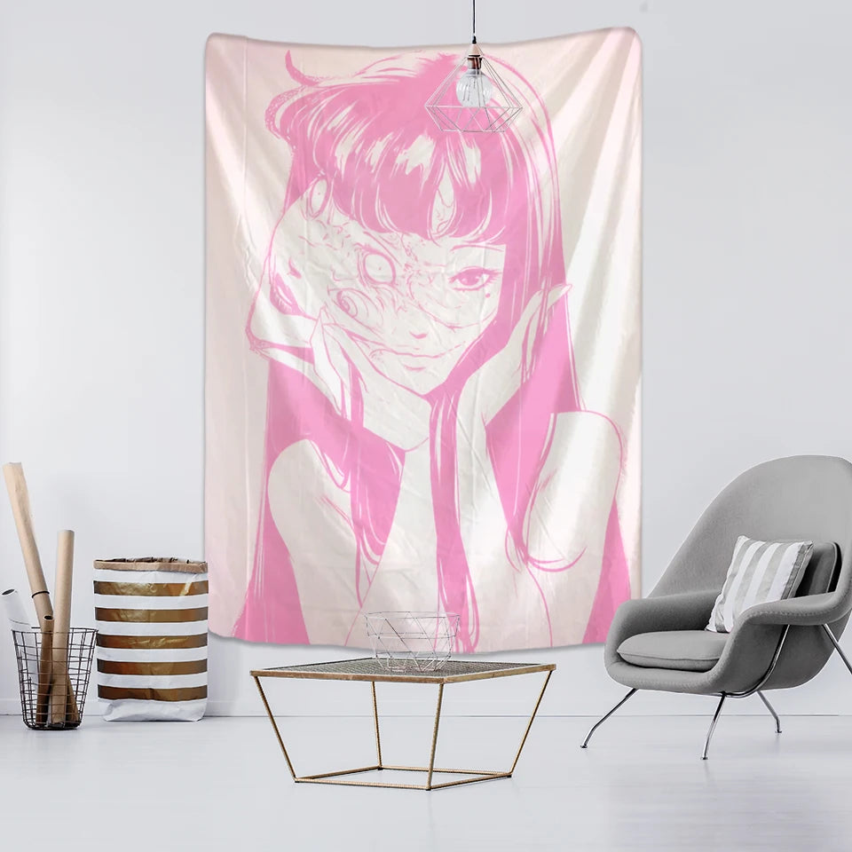 Japanese Horror Anime Wall Hanging Tapestry Mysterious Tapiz Cartoon Horror Illustration Kawaii Art Room Home Decor