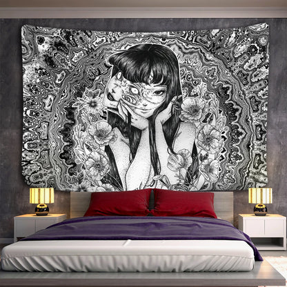 Japanese Horror Anime Wall Hanging Tapestry Mysterious Tapiz Cartoon Horror Illustration Kawaii Art Room Home Decor