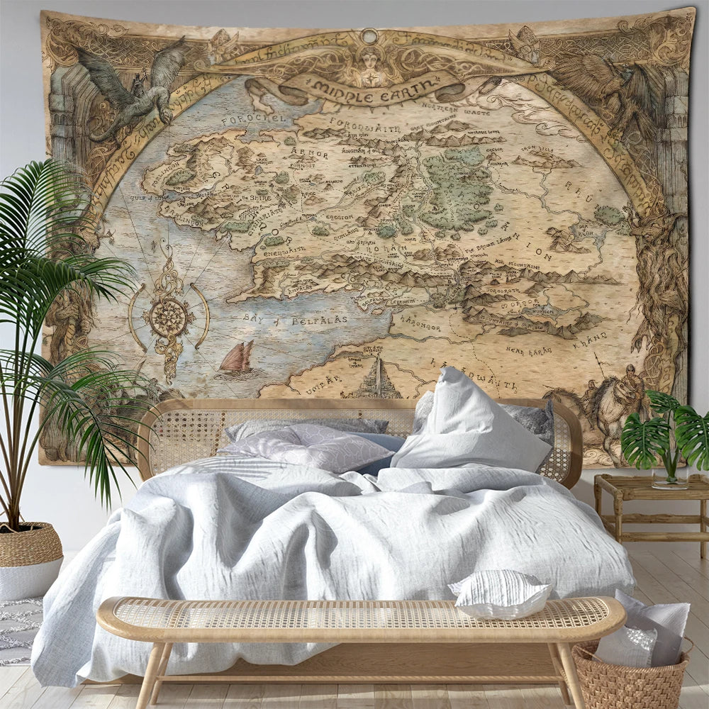 Retro Mountain Forest Map Tapestry Wall Hanging