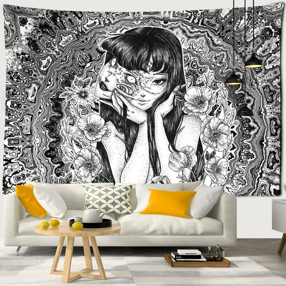 Japanese Horror Anime Wall Hanging Tapestry Mysterious Tapiz Cartoon Horror Illustration Kawaii Art Room Home Decor