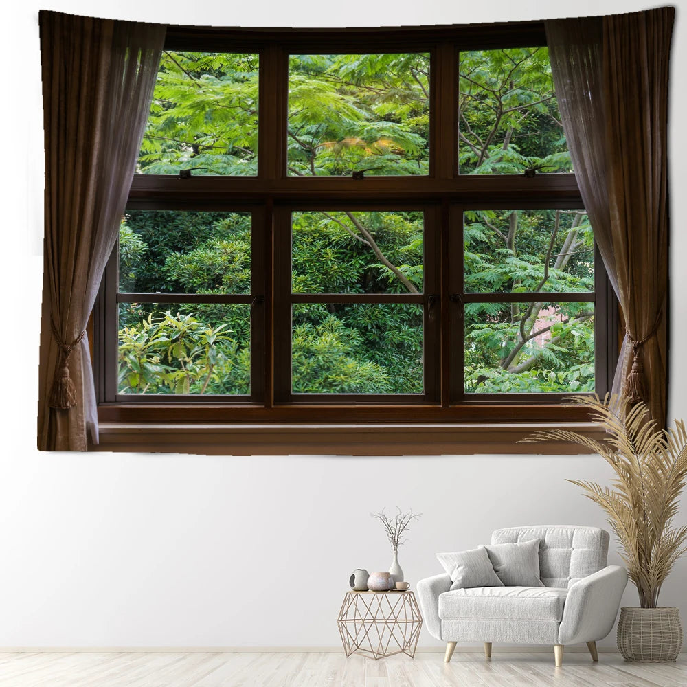 Imitation Window Jungle Scenery Tapestry Wall Hanging Natural Bohemian Minimalist Art Aesthetics Room Home Decor