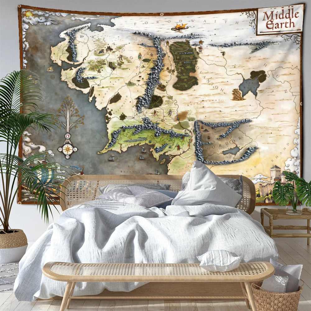 Retro Mountain Forest Map Tapestry Wall Hanging